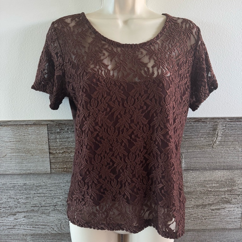 Hanky Panky Brown Lace Short Sleeve Blouse size large (H1)